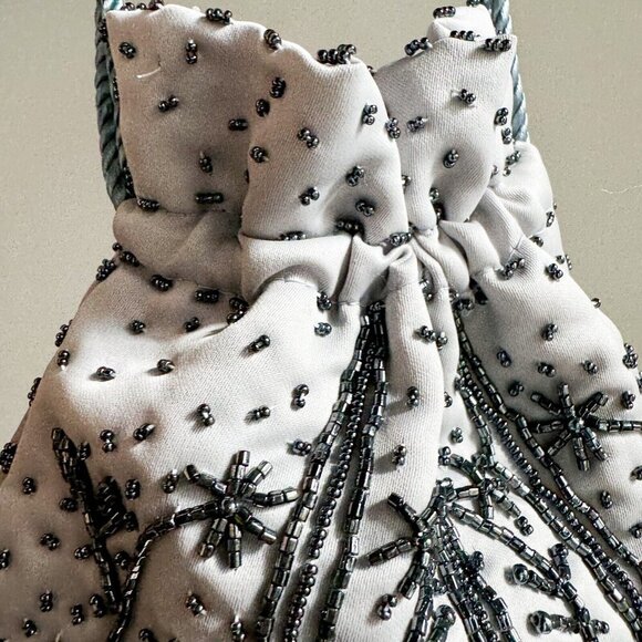 Light Grey Beaded Satin Drawstring Evening Purse - Picture 5 of 11